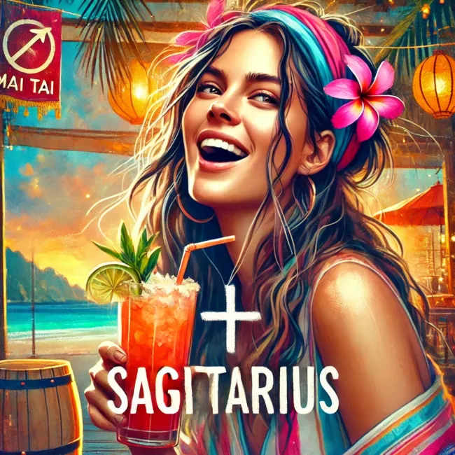 Adventurous and free-spirited, this Sagittarius woman enjoys a vibrant Mai Tai, always seeking new experiences.