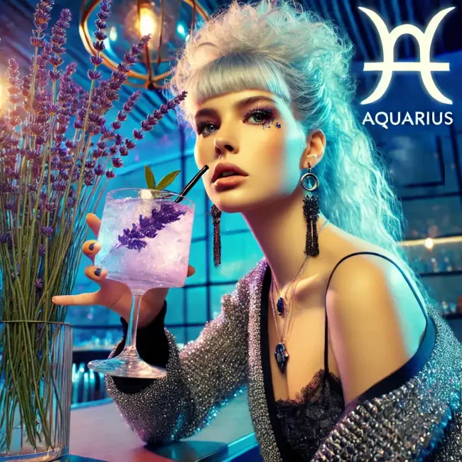 Unconventional and forward-thinking, this Aquarius woman relishes her Lavender Gin Fizz, embracing her unique spirit.