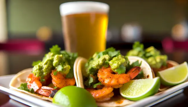 A close-up shot of a plate of spicy shrimp tacos topped with fresh avocado salsa, with a glass of pale ale in the background. The vibrant colors of the tacos should contrast with the golden hue of the beer.