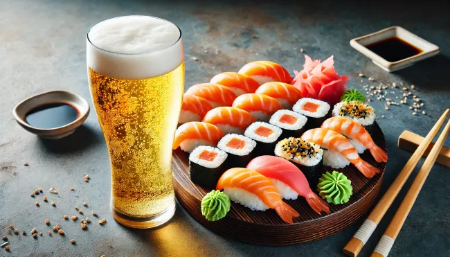 A beautifully arranged sushi platter featuring salmon and tuna rolls, with a chilled glass of pilsner next to it. The image should capture the clarity and bubbles in the pilsner to highlight its refreshing nature.