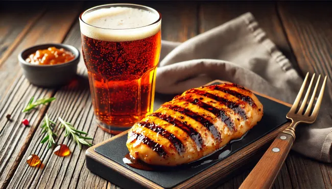 A grilled chicken breast glazed with honey mustard, paired with a glass of amber ale. The focus should be on the golden-brown char marks on the chicken and the deep amber color of the beer.