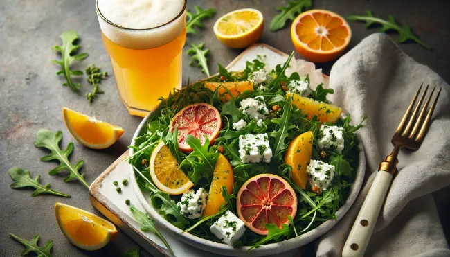 A fresh arugula and goat cheese salad drizzled with citrus vinaigrette, with a hazy glass of wheat beer beside it. The image should capture the lightness and freshness of both the salad and the beer.