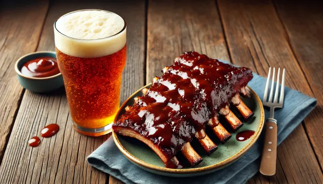 A plate of sticky, smoky barbecue ribs with a tall glass of IPA. The image should emphasize the rich, saucy ribs and the frothy head of the IPA, with condensation on the glass to evoke a sense of cold, refreshing beer.