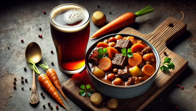 A hearty bowl of beef stew filled with chunks of beef, carrots, potatoes, and onions, paired with a pint of brown ale. The image should highlight the deep, comforting colors of both the stew and the beer.