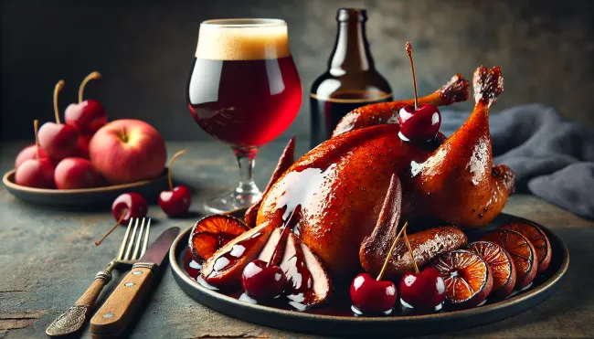 A beautifully plated roast duck with a glossy cherry glaze, alongside a glass of Belgian Dubbel. The rich, dark color of the beer should complement the caramelized look of the duck skin.