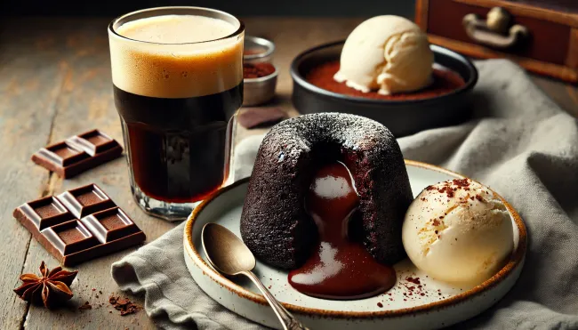 A decadent chocolate lava cake oozing with molten chocolate, served with a scoop of vanilla ice cream and a glass of porter. The focus should be on the dark, rich color of the porter and the indulgent look of the dessert.