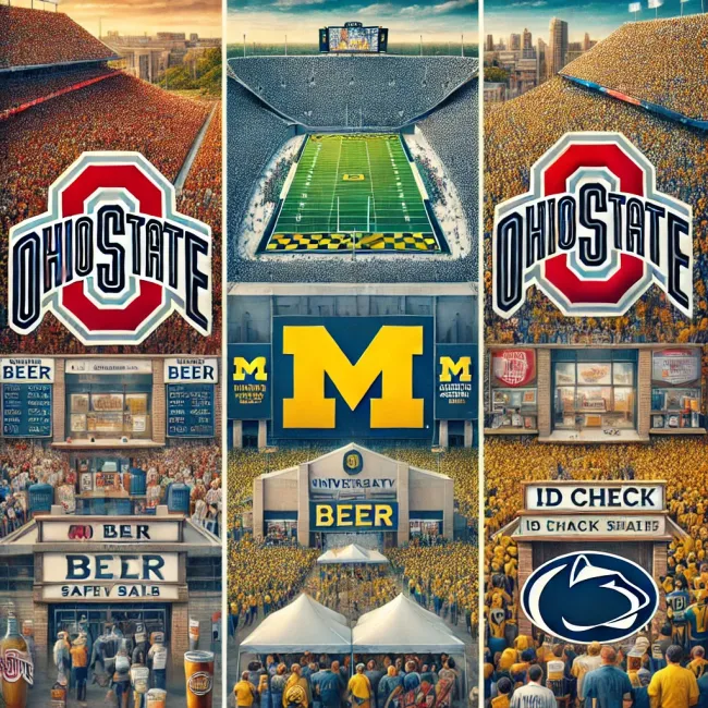 Collage of major Big Ten football stadiums: Ohio State University, the University of Michigan, and Penn State University. These schools have successfully implemented alcohol sales during games with comprehensive safety measures such as ID checks and limited drink transactions, enhancing the fan experience while maintaining safety.