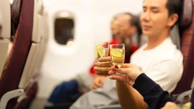 People having a "cheers" on a passenger plane.