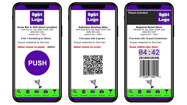 Sample on phones. Left to right: Push button, QR code, and barcode coupon formats being offered by The Bev List.  coupon formats being offered by The Bev List.